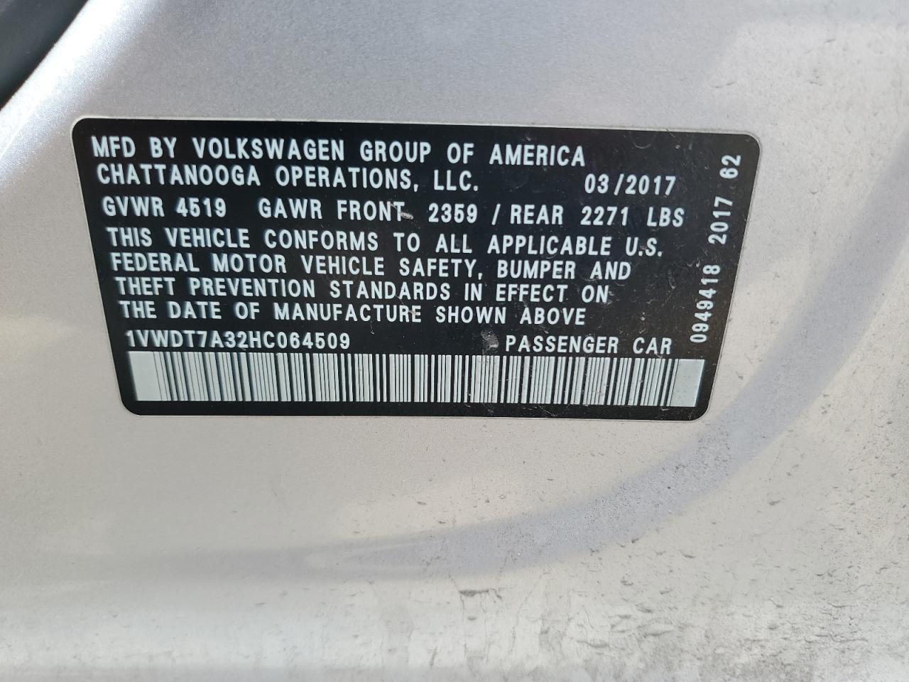 2017 Volkswagen Passat R-Line VIN: 1VWDT7A32HC064509 Lot: 64637515
