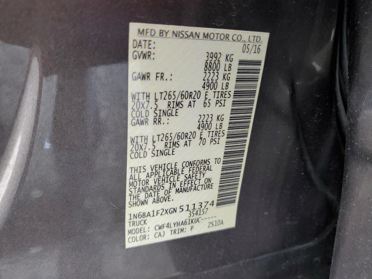 2016 Nissan Titan Xd Sl VIN: 1N6BA1F2XGN511374 Lot: 63056675