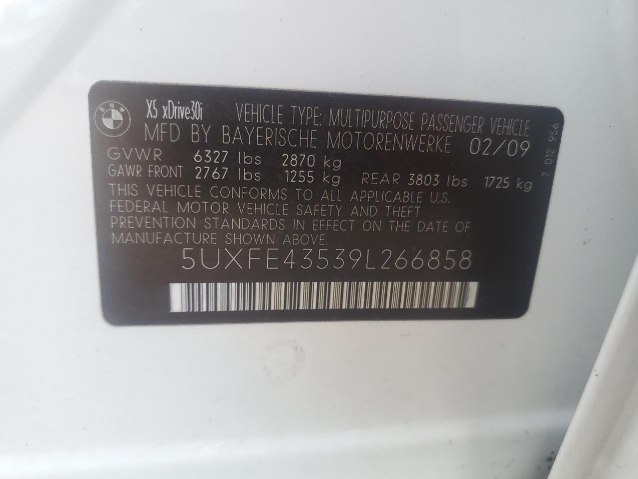 2009 BMW X5 xDrive30I VIN: 5UXFE43539L266858 Lot: 65216595