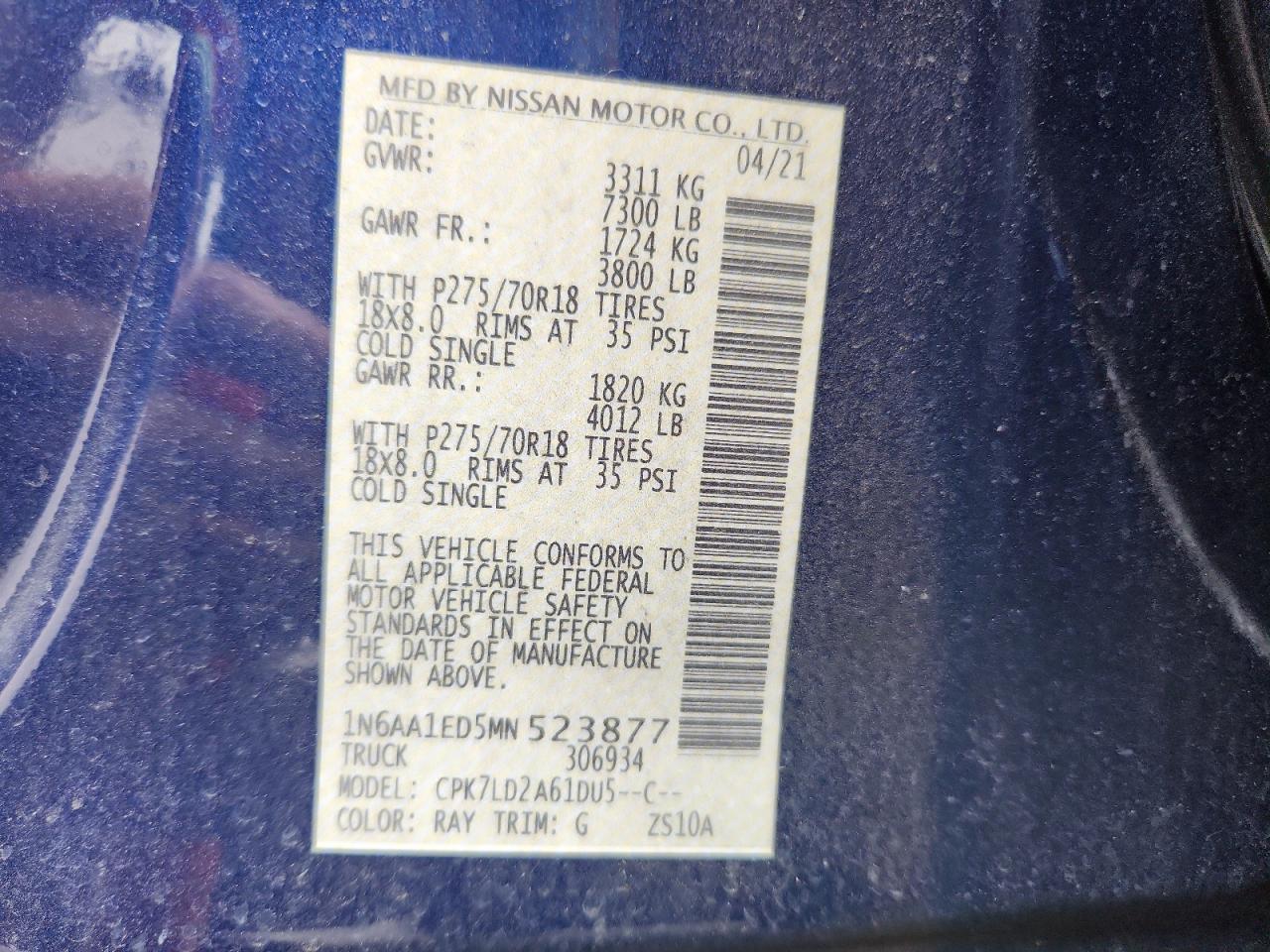 2021 Nissan Titan Sv VIN: 1N6AA1ED5MN523877 Lot: 64301845