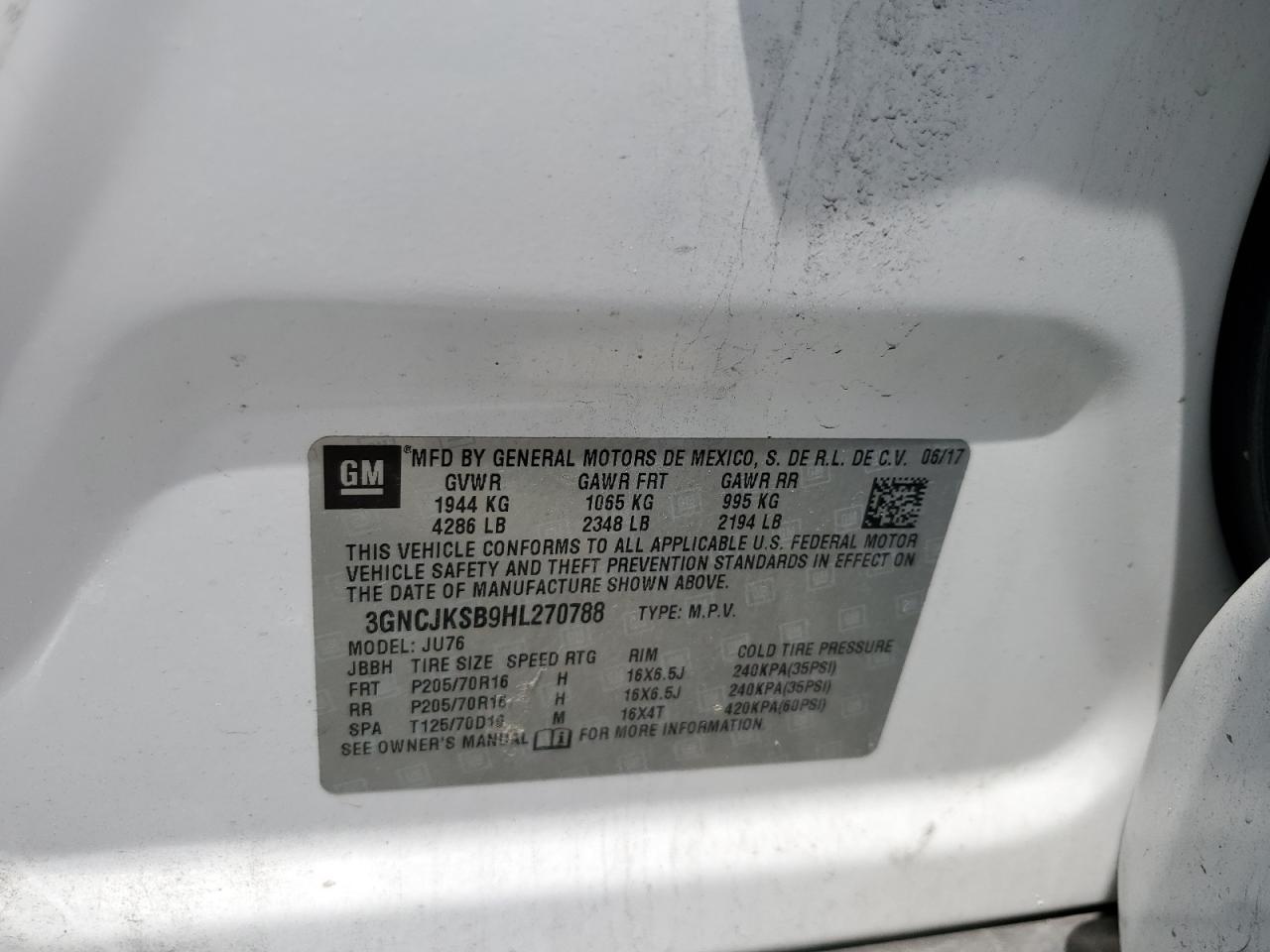 2017 Chevrolet Trax Ls VIN: 3GNCJKSB9HL270788 Lot: 62701795