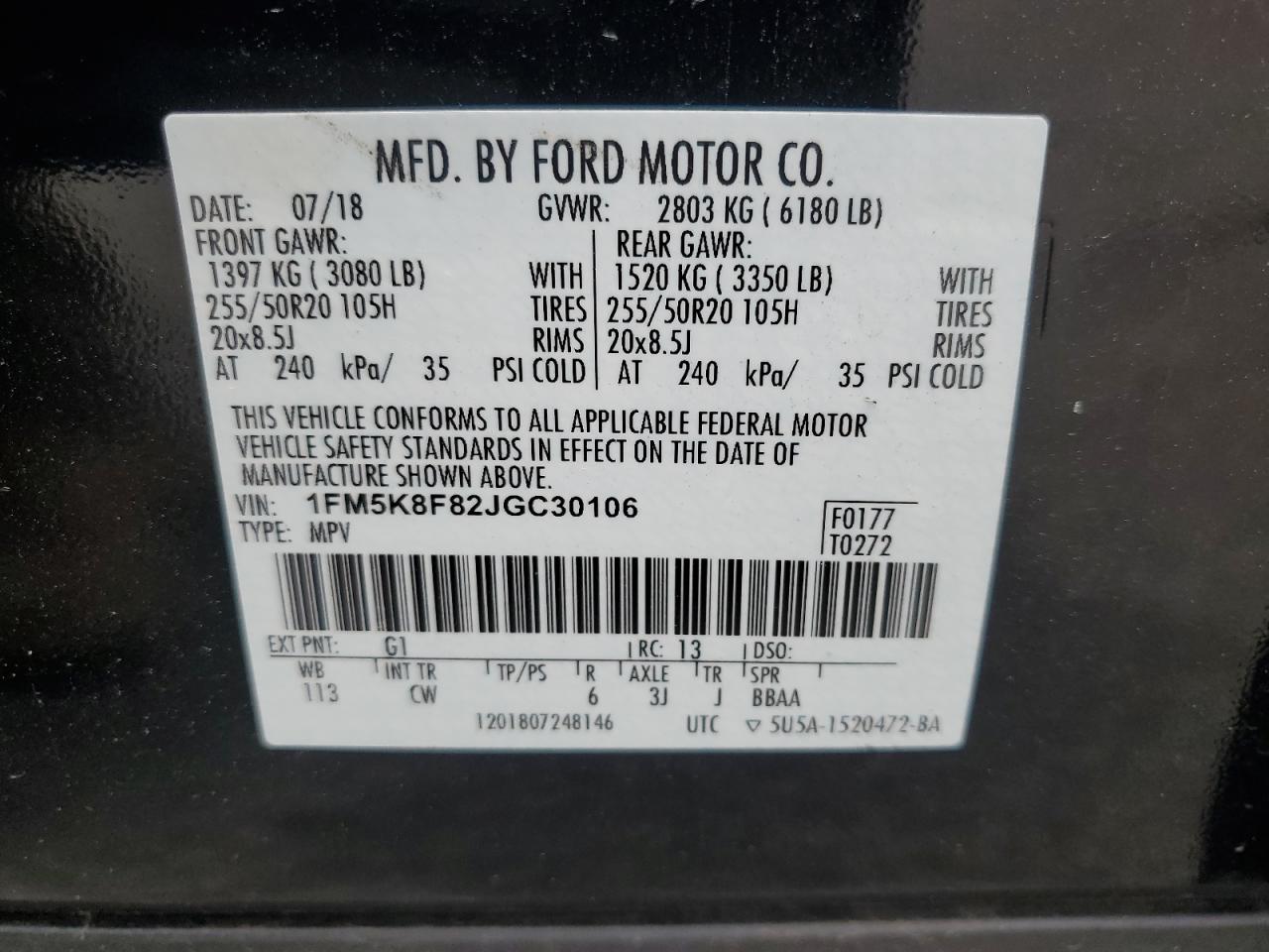 2018 Ford Explorer Limited VIN: 1FM5K8F82JGC30106 Lot: 64078025