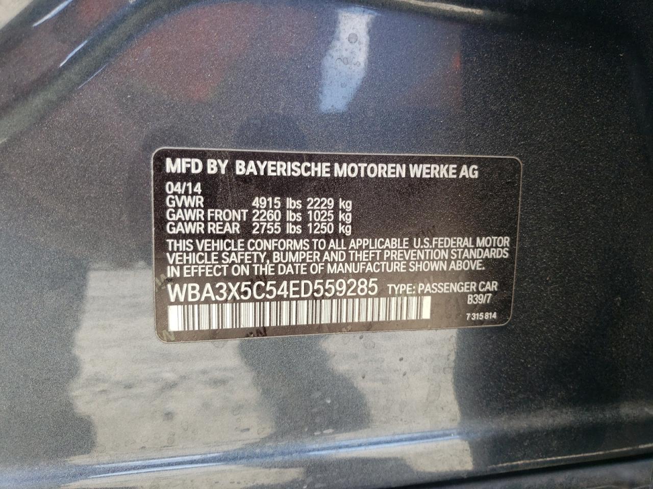 2014 BMW 328 Xigt VIN: WBA3X5C54ED559285 Lot: 65483435