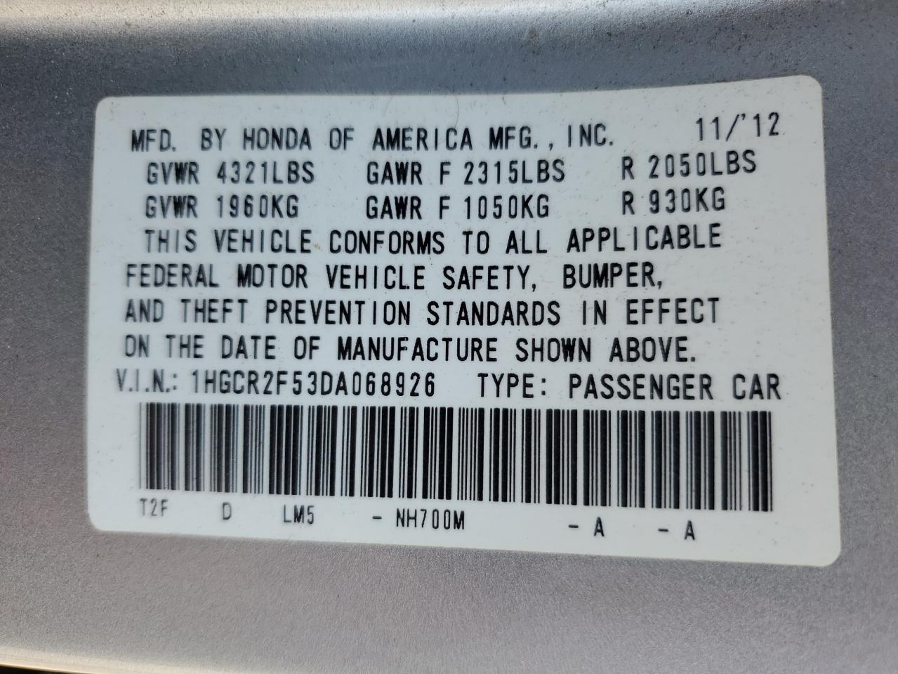2013 Honda Accord Sport VIN: 1HGCR2F53DA068926 Lot: 65617665