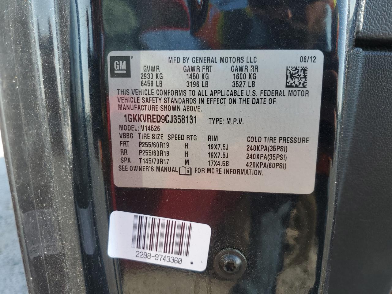 2012 GMC Acadia Slt-1 VIN: 1GKKVRED9CJ358131 Lot: 63534305