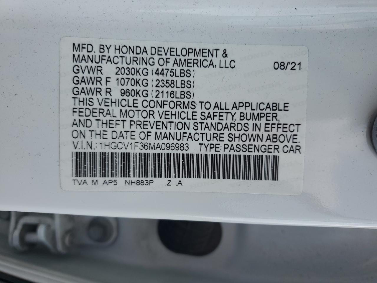 2021 Honda Accord Sport VIN: 1HGCV1F36MA096983 Lot: 64511035