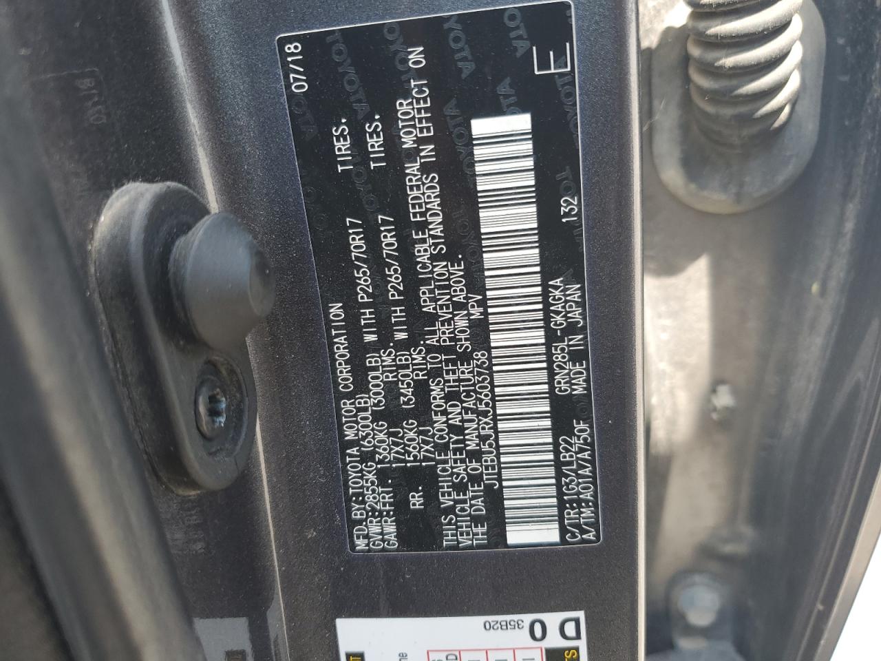 2018 Toyota 4Runner Sr5/Sr5 Premium VIN: JTEBU5JRXJ5603738 Lot: 65630905