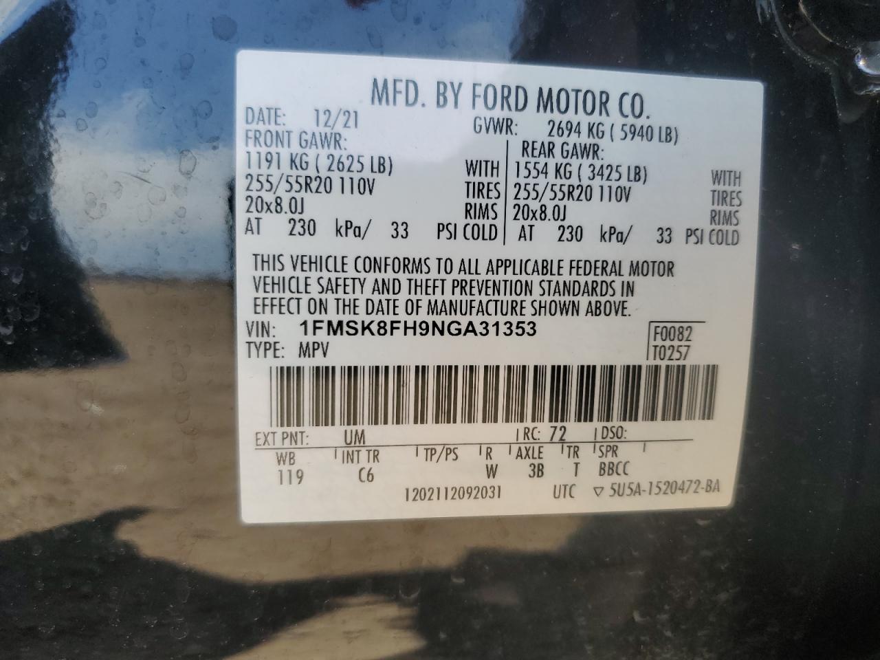2022 Ford Explorer Limited VIN: 1FMSK8FH9NGA31353 Lot: 63433445