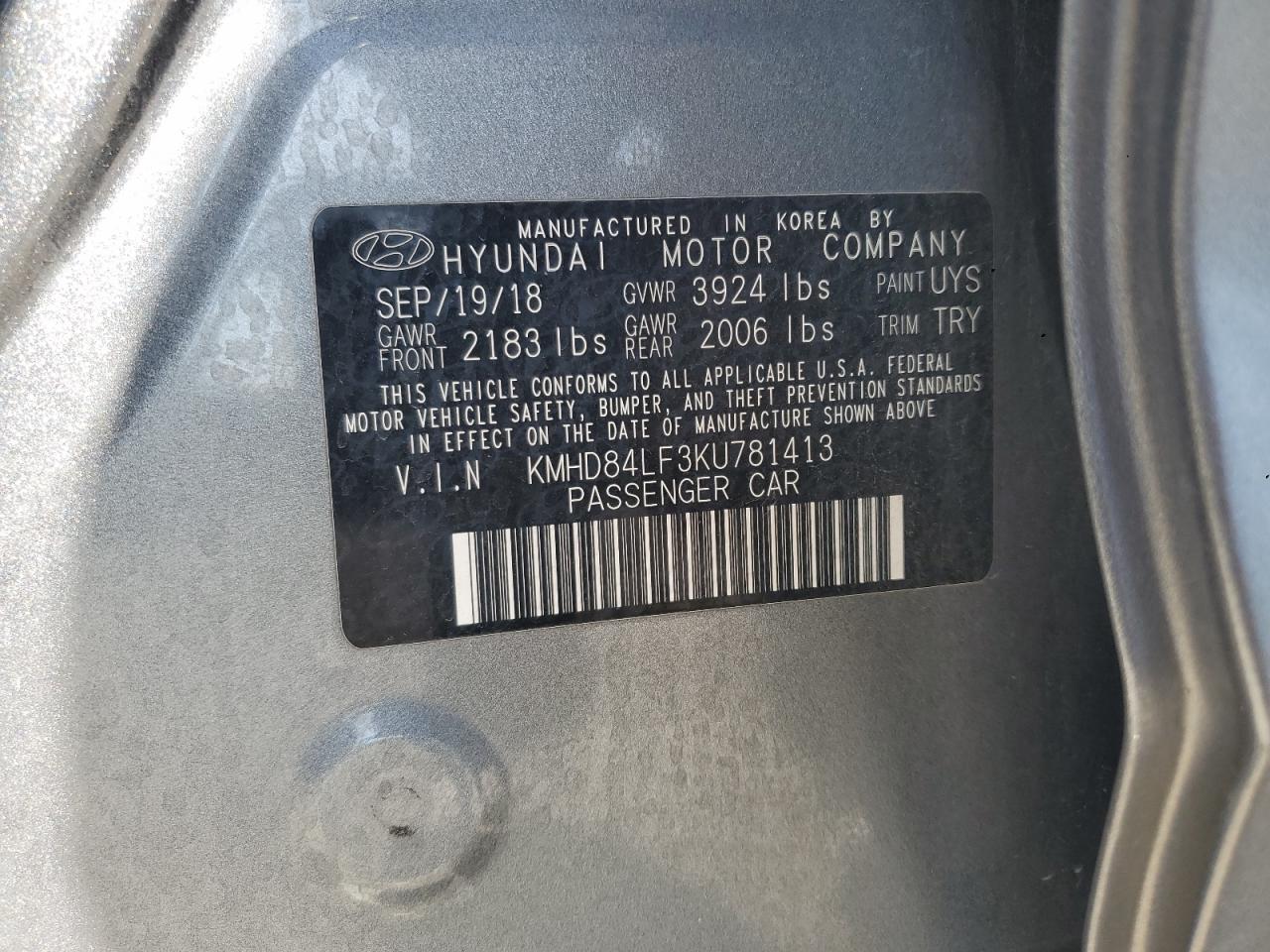 2019 Hyundai Elantra Sel VIN: KMHD84LF3KU781413 Lot: 63076665