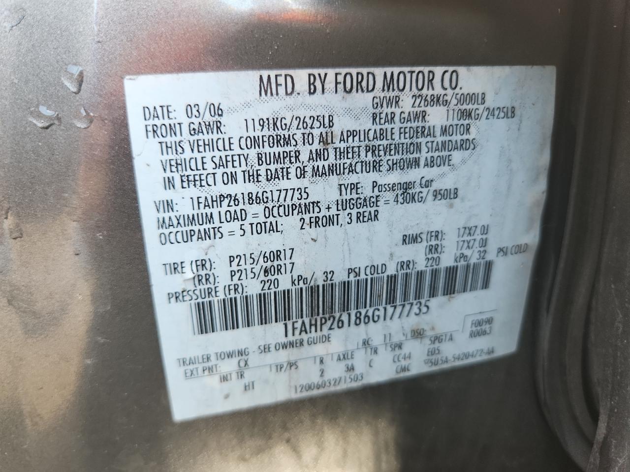 2006 Ford Five Hundred Se VIN: 1FAHP26186G177735 Lot: 64172965