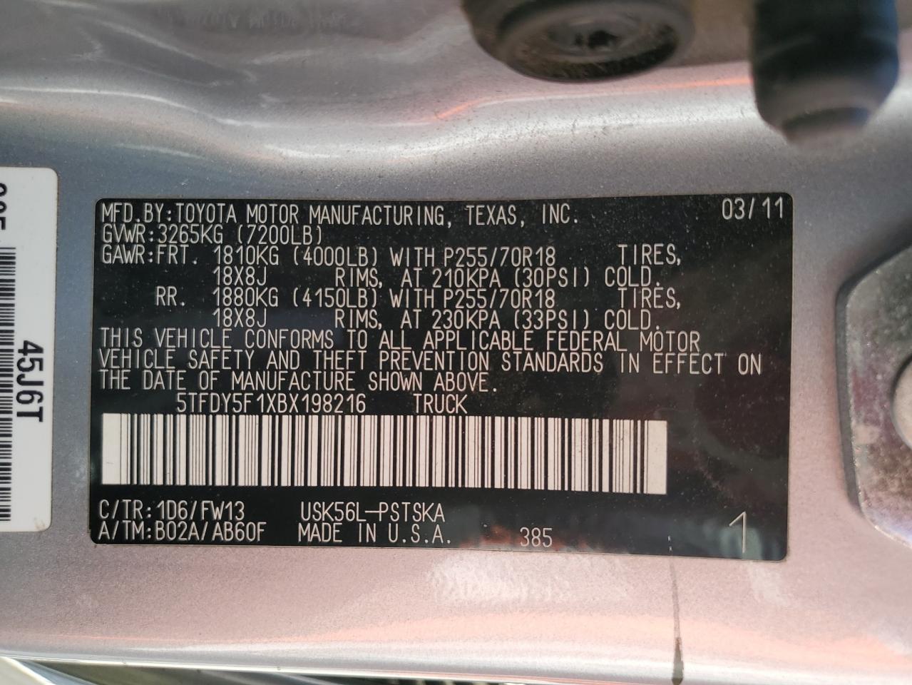 2011 Toyota Tundra Crewmax Sr5 VIN: 5TFDY5F1XBX198216 Lot: 63261125