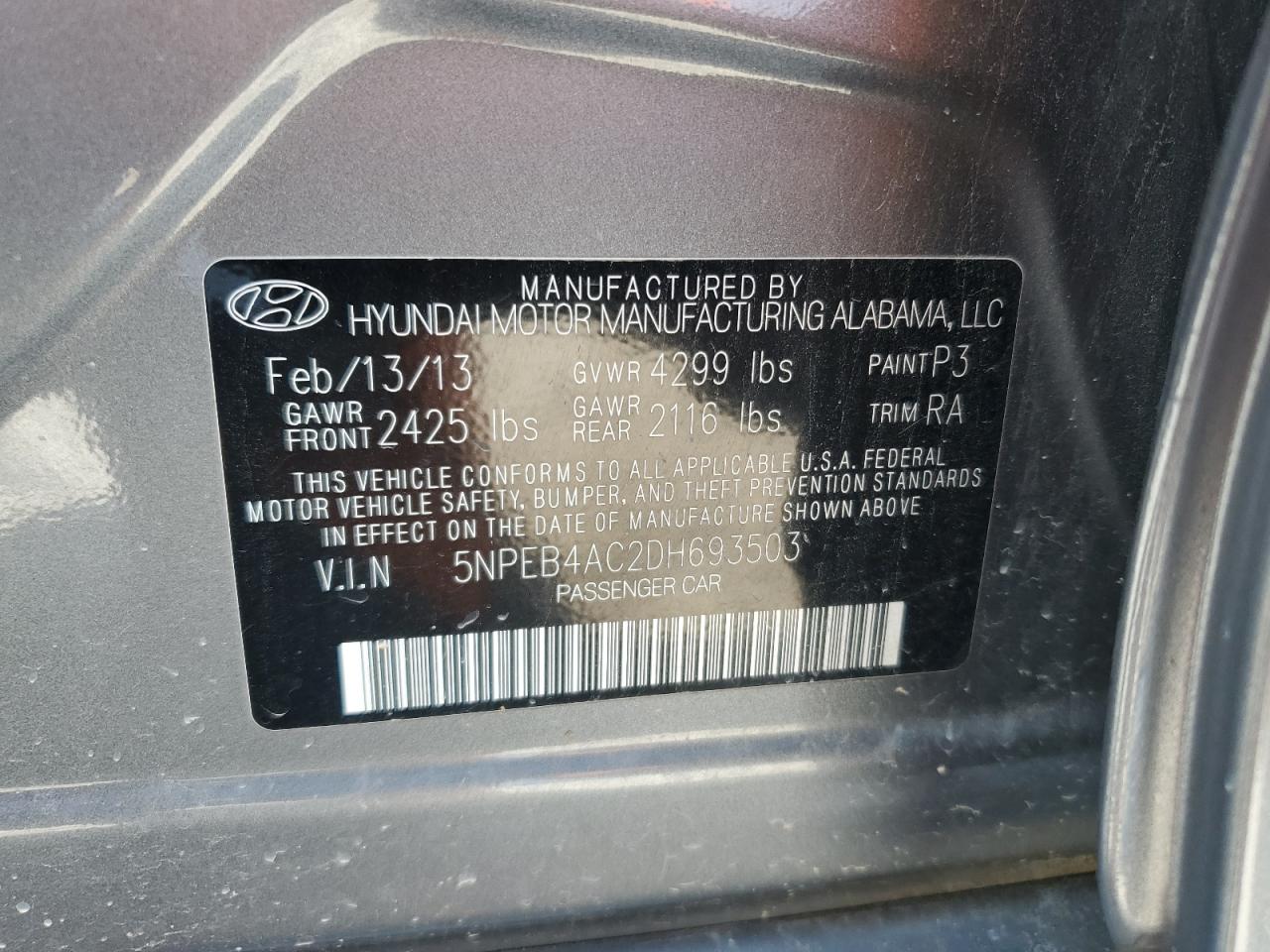 2013 Hyundai Sonata Gls VIN: 5NPEB4AC2DH693503 Lot: 65964725