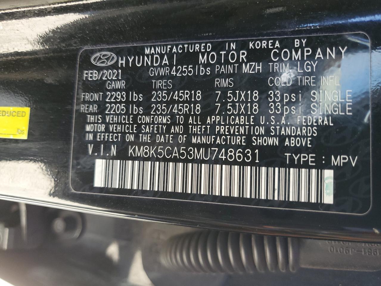 2021 Hyundai Kona Ultimate VIN: KM8K5CA53MU748631 Lot: 64241385