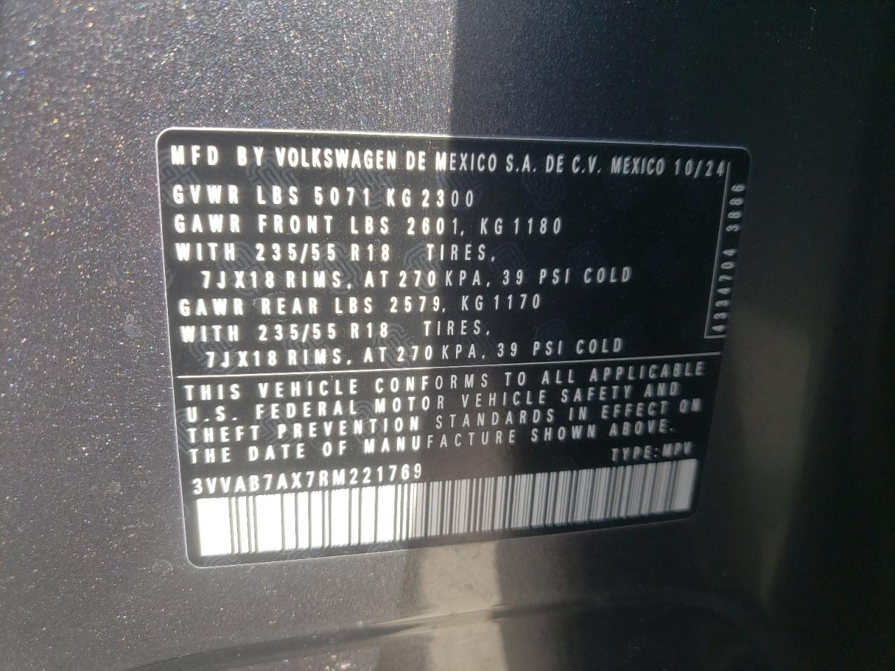2024 Volkswagen Tiguan Wolfsburg VIN: 3VVAB7AX7RM221769 Lot: 65284075