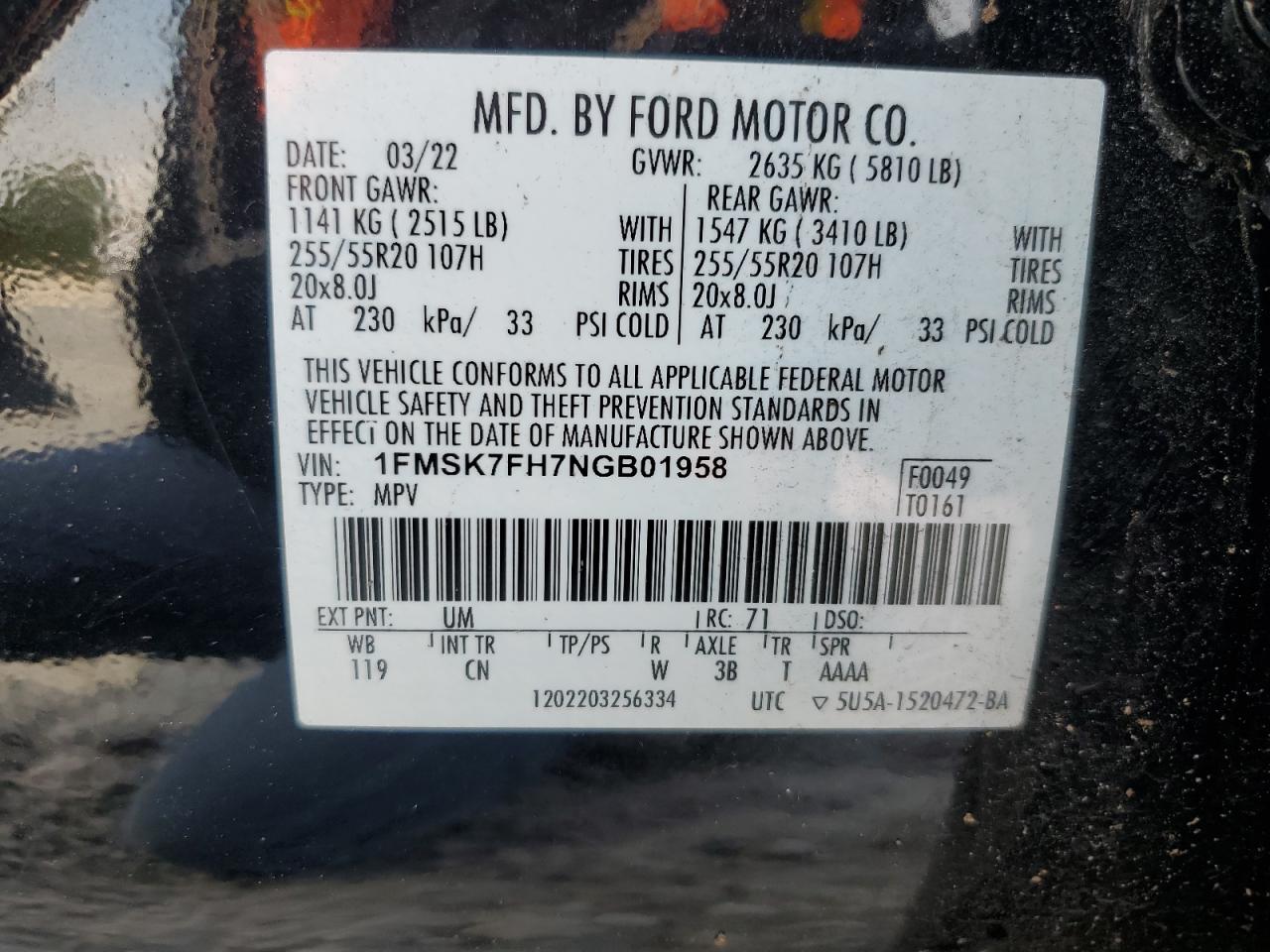 2022 Ford Explorer Limited VIN: 1FMSK7FH7NGB01958 Lot: 63125235