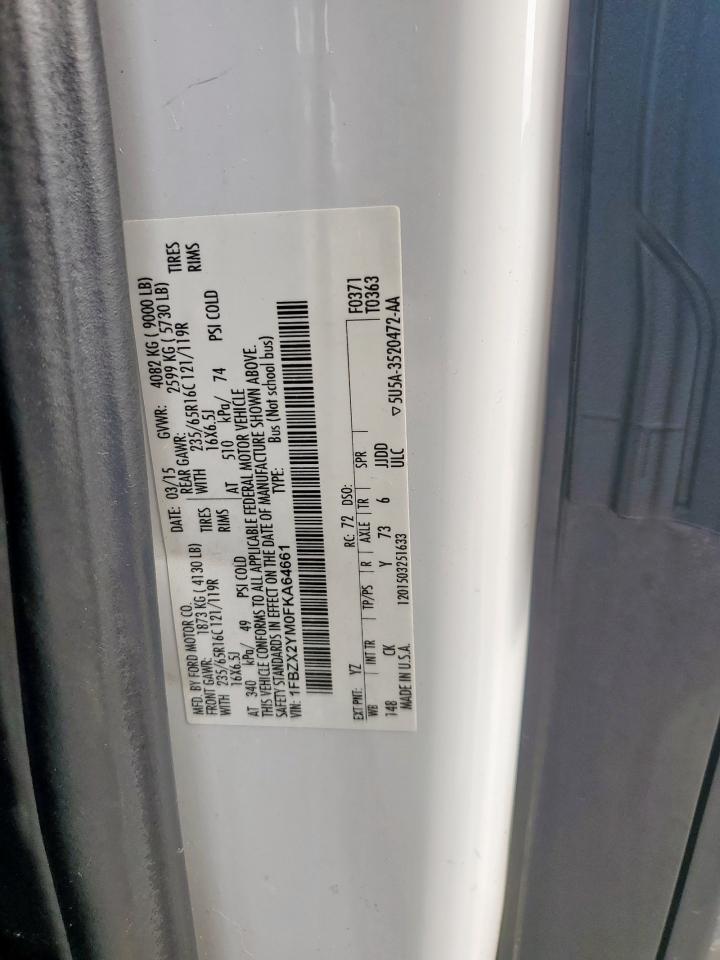 2015 Ford Transit T-350 VIN: 1FBZX2YM0FKA64661 Lot: 65203295