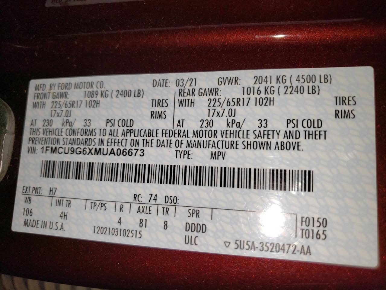 2021 Ford Escape Se VIN: 1FMCU9G6XMUA06673 Lot: 64474285