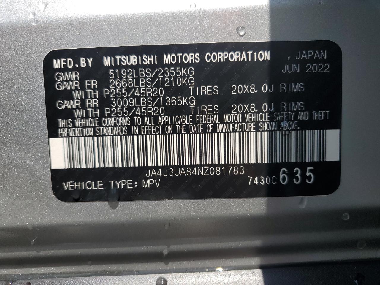 2022 Mitsubishi Outlander Se VIN: JA4J3UA84NZ081783 Lot: 64113455