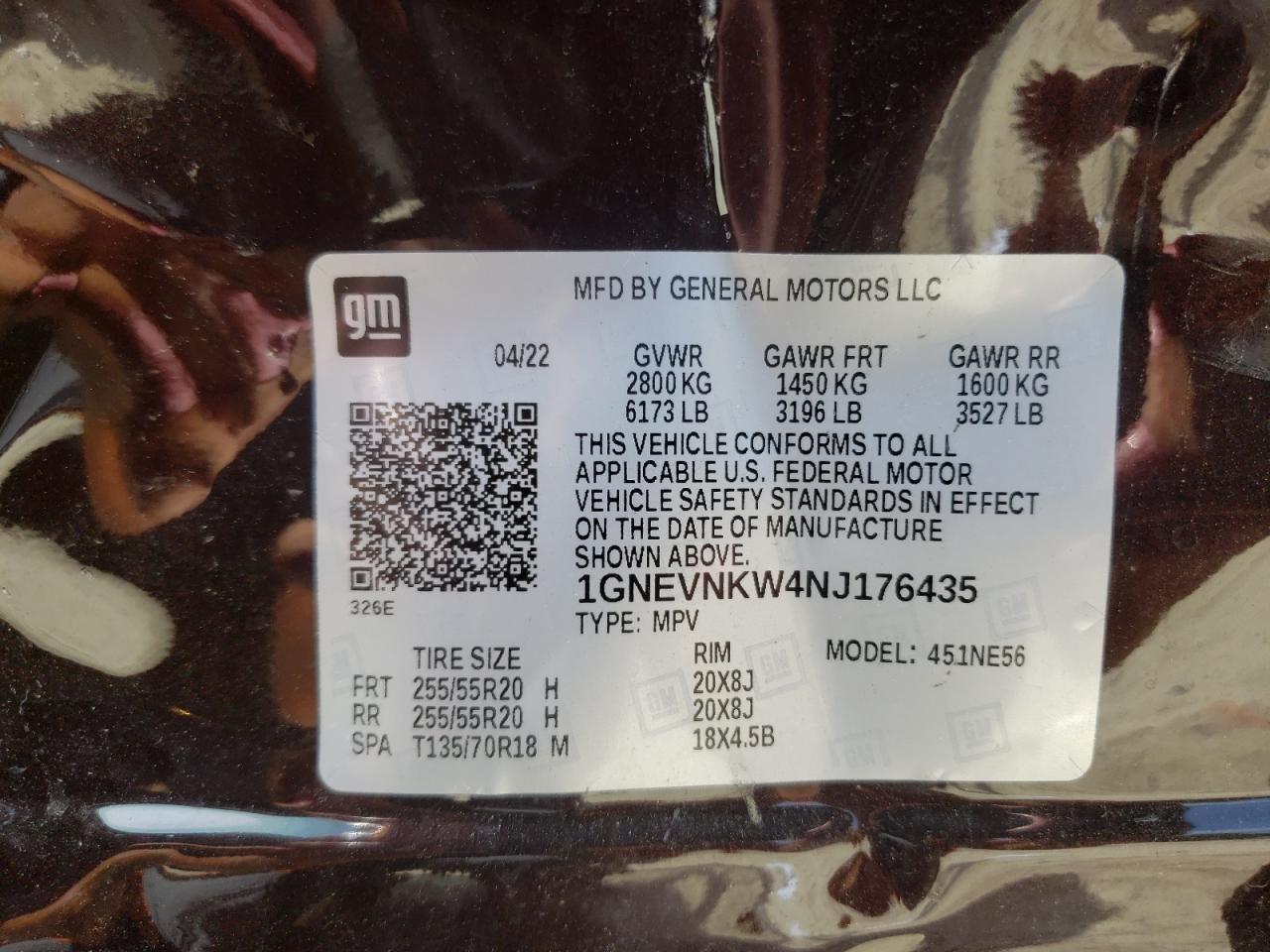 2022 Chevrolet Traverse High Country VIN: 1GNEVNKW4NJ176435 Lot: 65122595