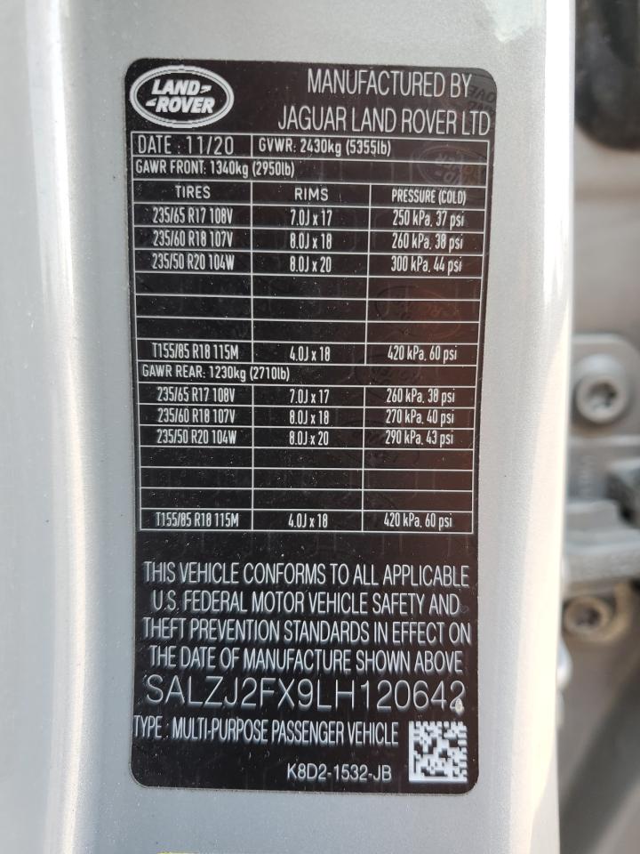 2020 Land Rover Range Rover Evoque S VIN: SALZJ2FX9LH120642 Lot: 65438095