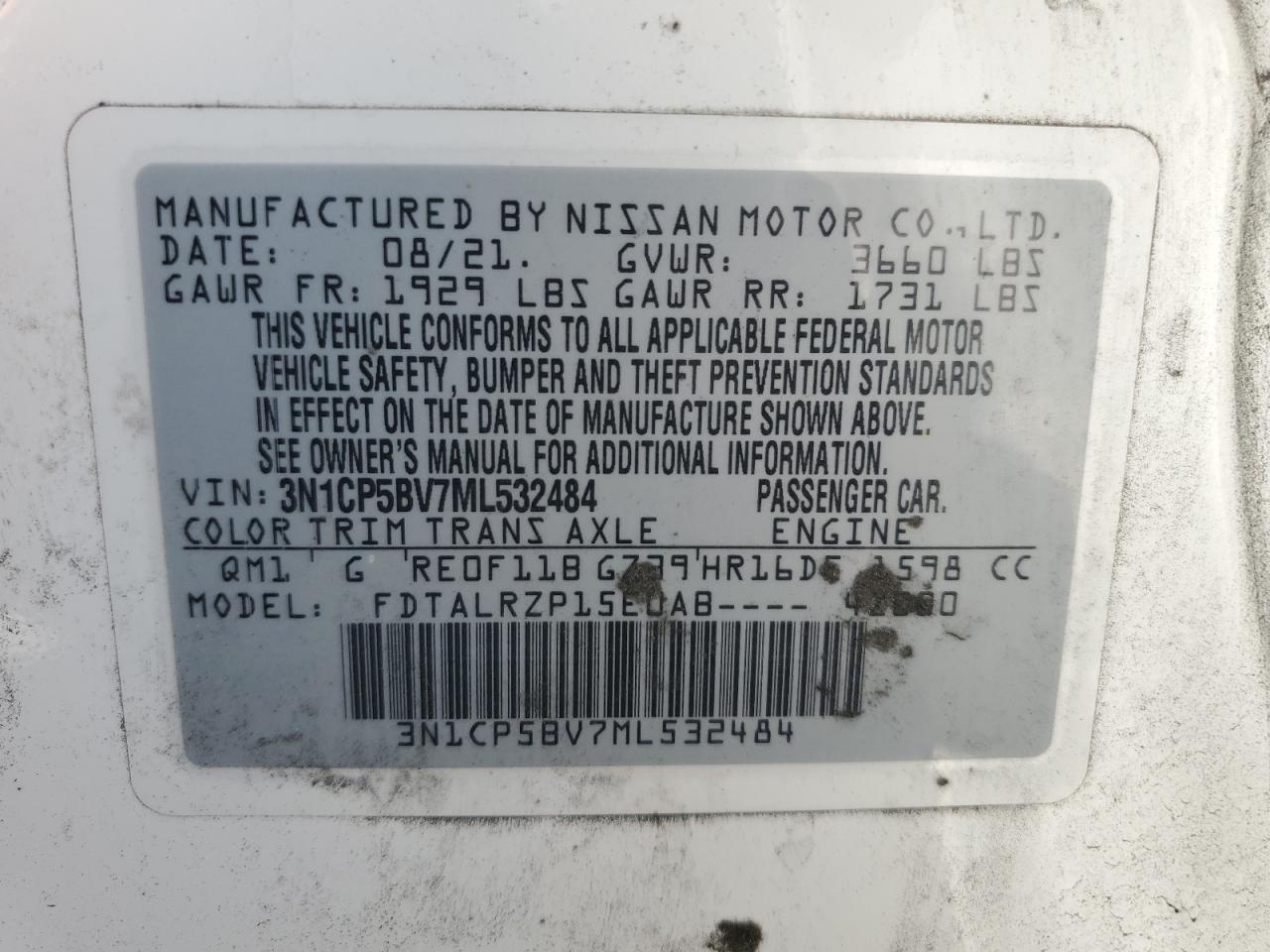 2021 Nissan Kicks S VIN: 3N1CP5BV7ML532484 Lot: 64412085