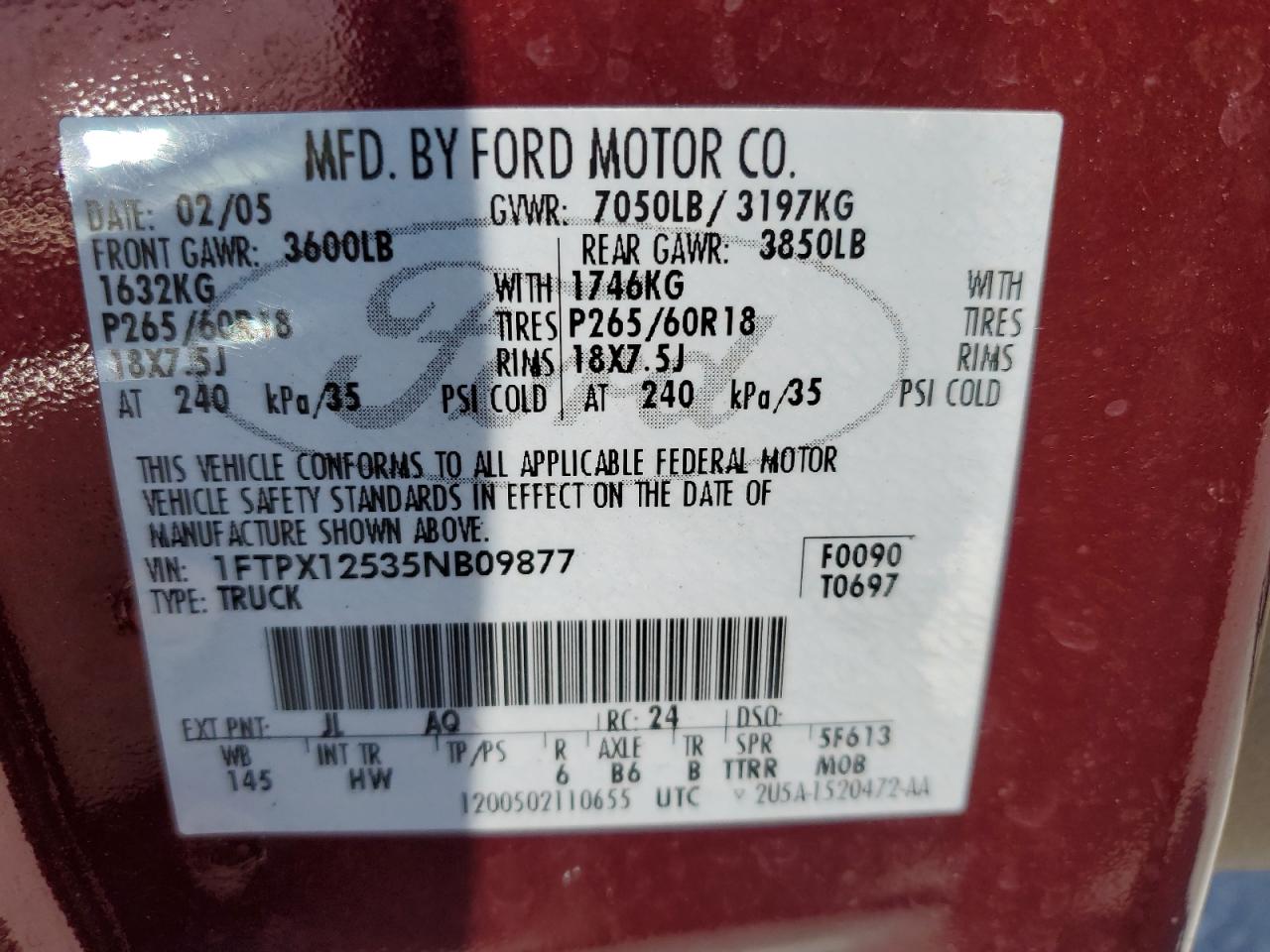 2005 Ford F150 VIN: 1FTPX12535NB09877 Lot: 64126145