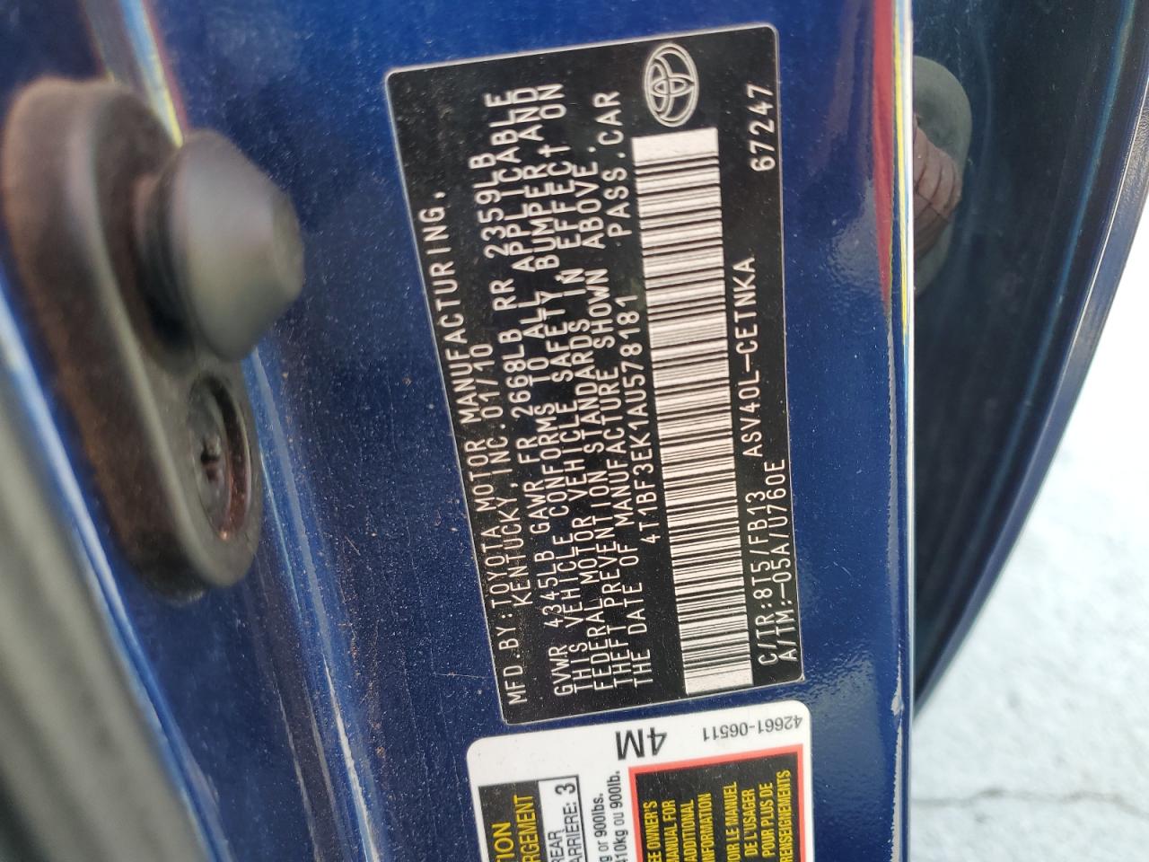 2010 Toyota Camry Base VIN: 4T1BF3EK1AU578181 Lot: 63644785