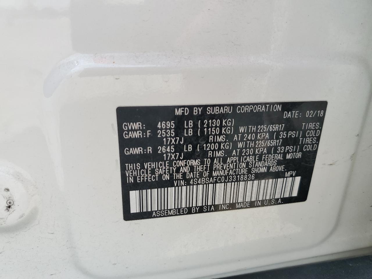 2018 Subaru Outback 2.5I Premium VIN: 4S4BSAFC0J3318836 Lot: 63514765