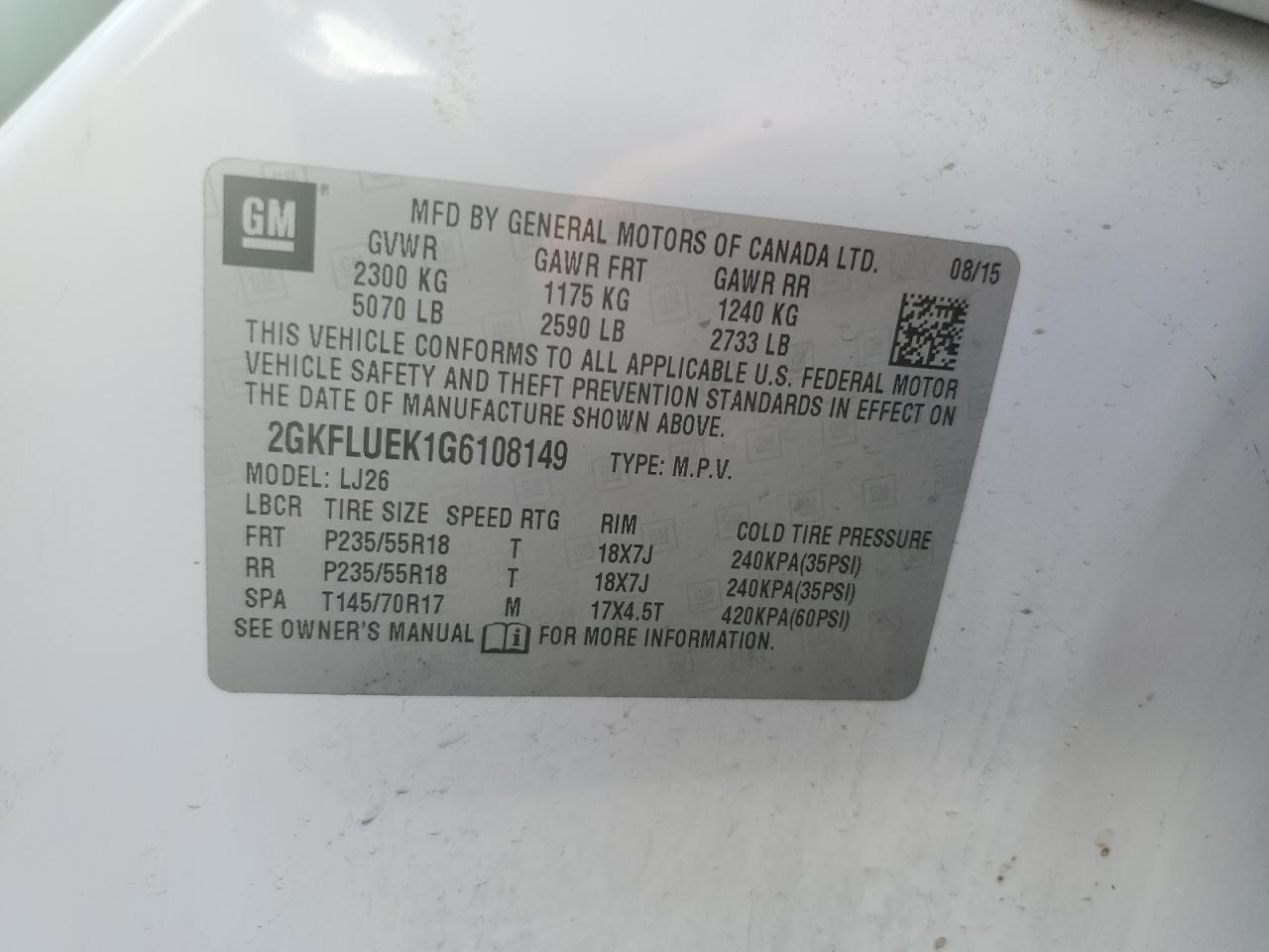 2016 GMC Terrain Slt VIN: 2GKFLUEK1G6108149 Lot: 65557855