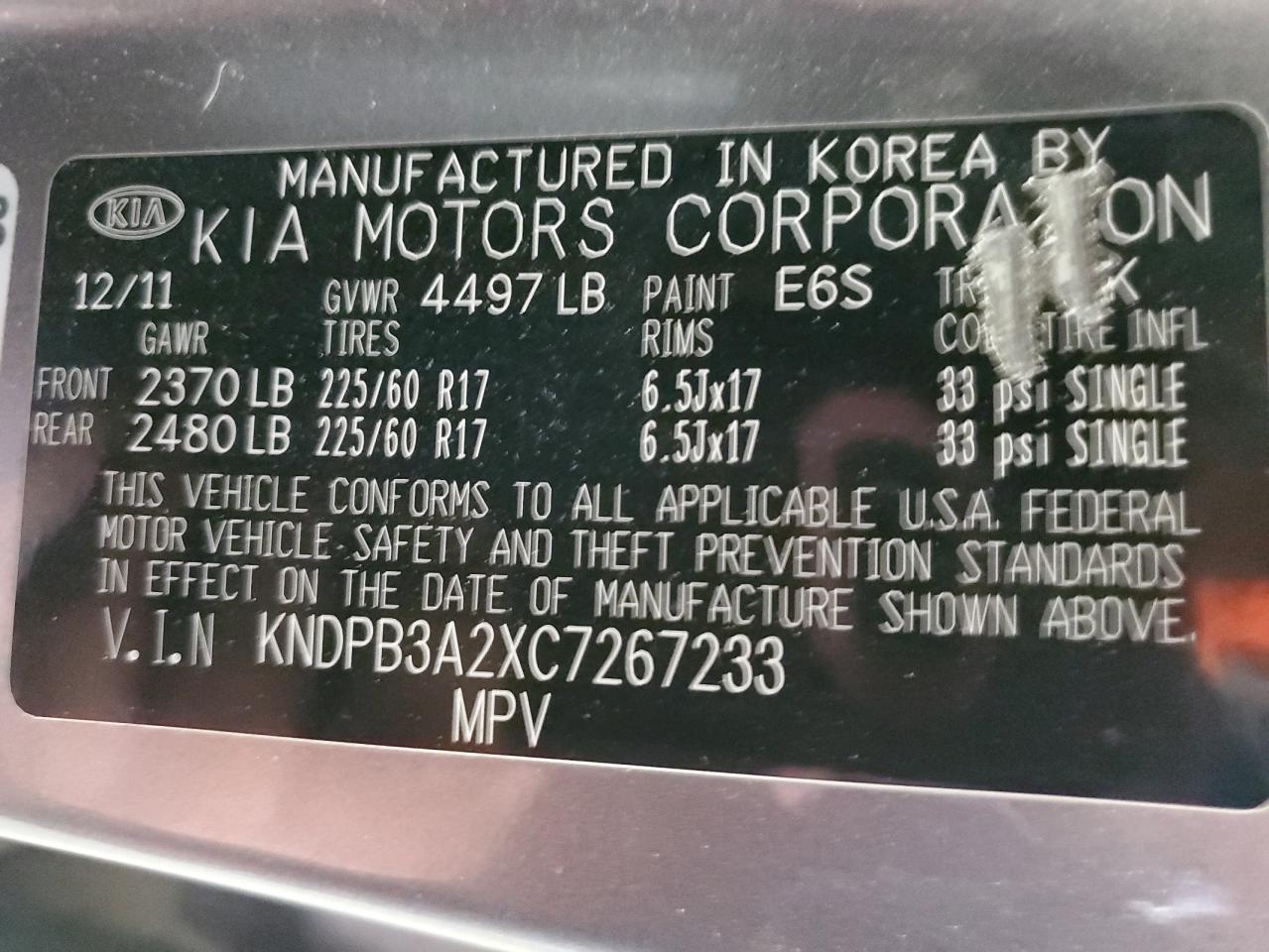 2012 Kia Sportage Base VIN: KNDPB3A2XC7267233 Lot: 63487395