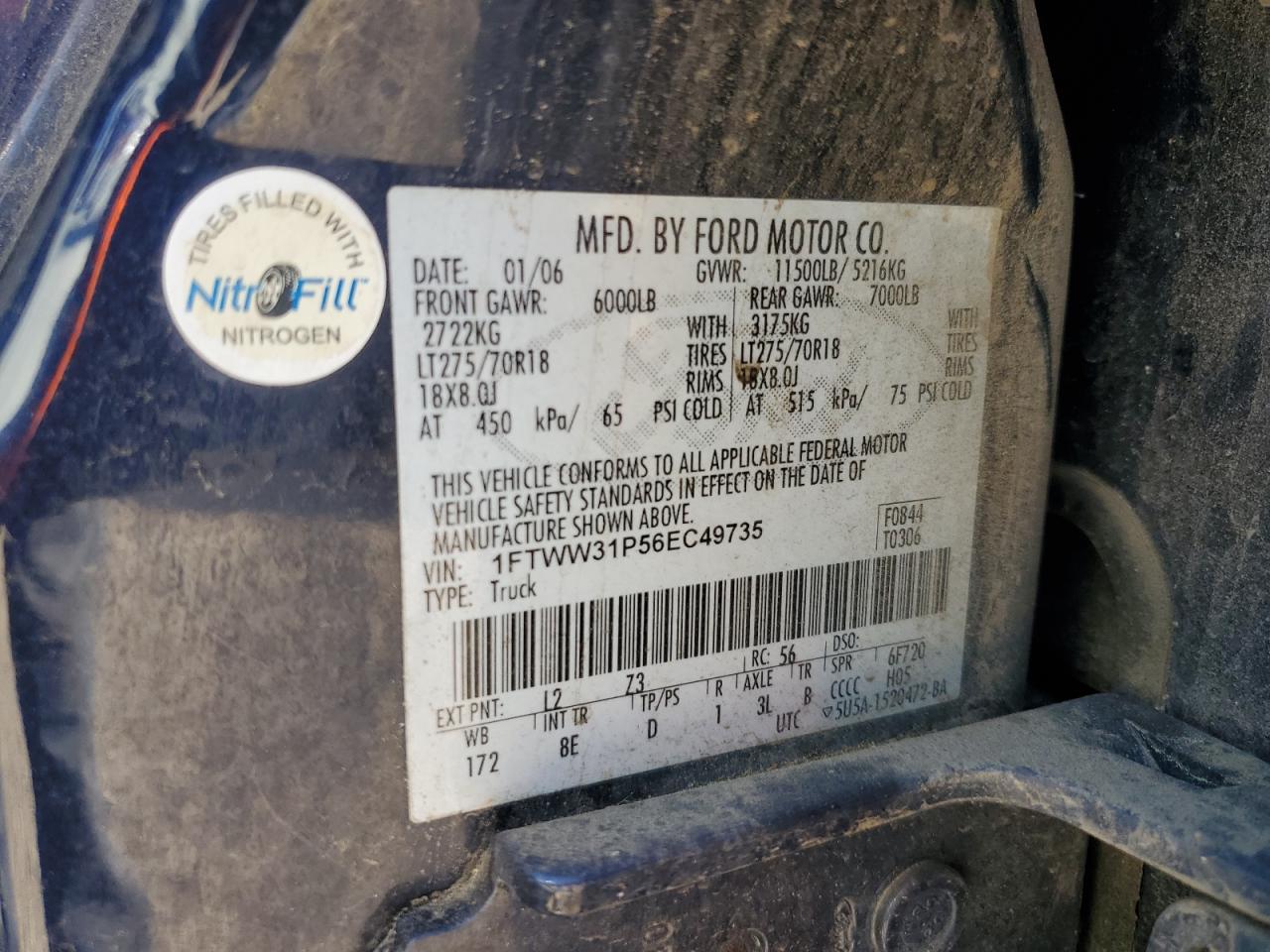 2006 Ford F350 Srw Super Duty VIN: 1FTWW31P56EC49735 Lot: 64409615