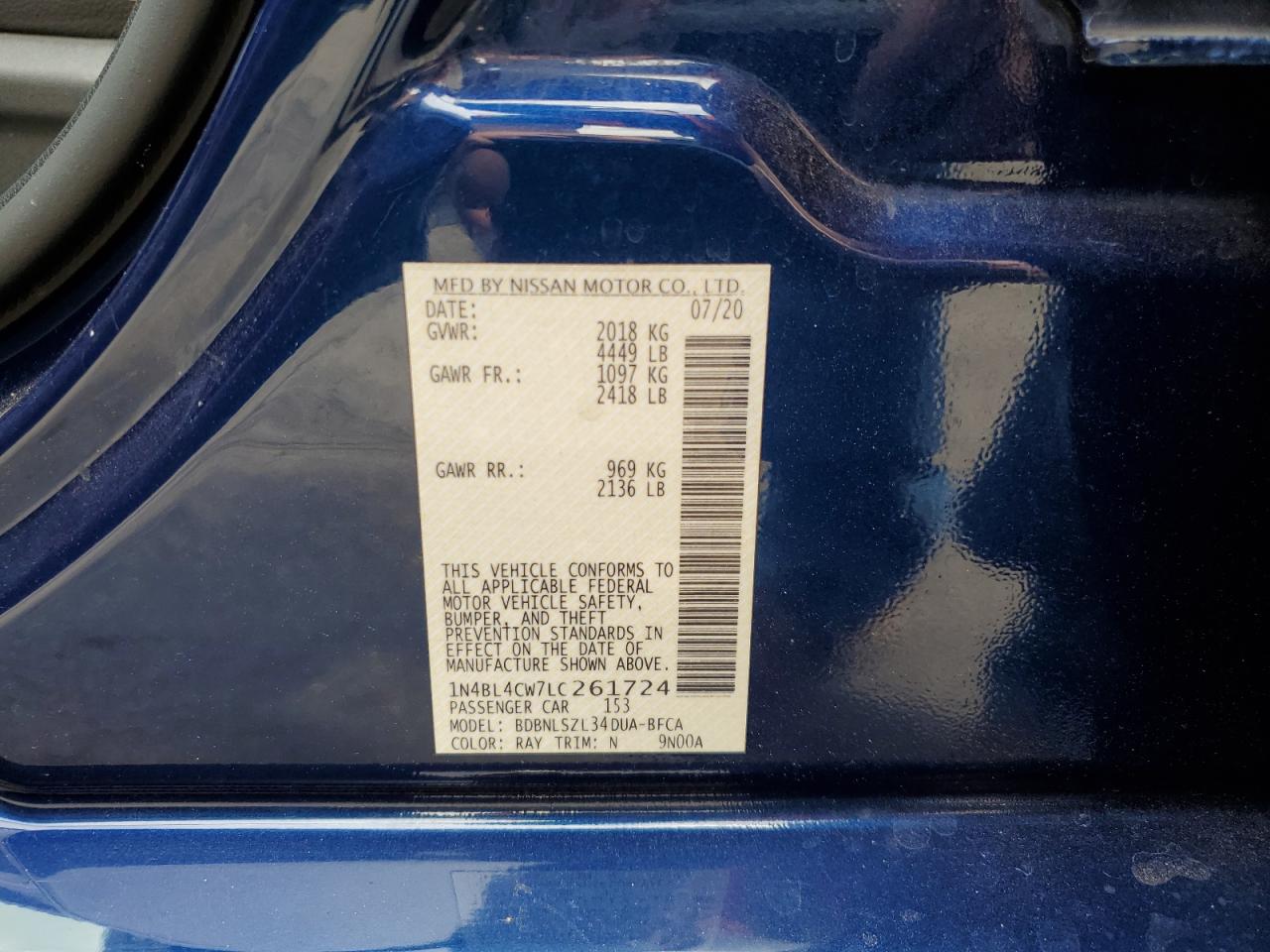 2020 Nissan Altima Sr VIN: 1N4BL4CW7LC261724 Lot: 62981585