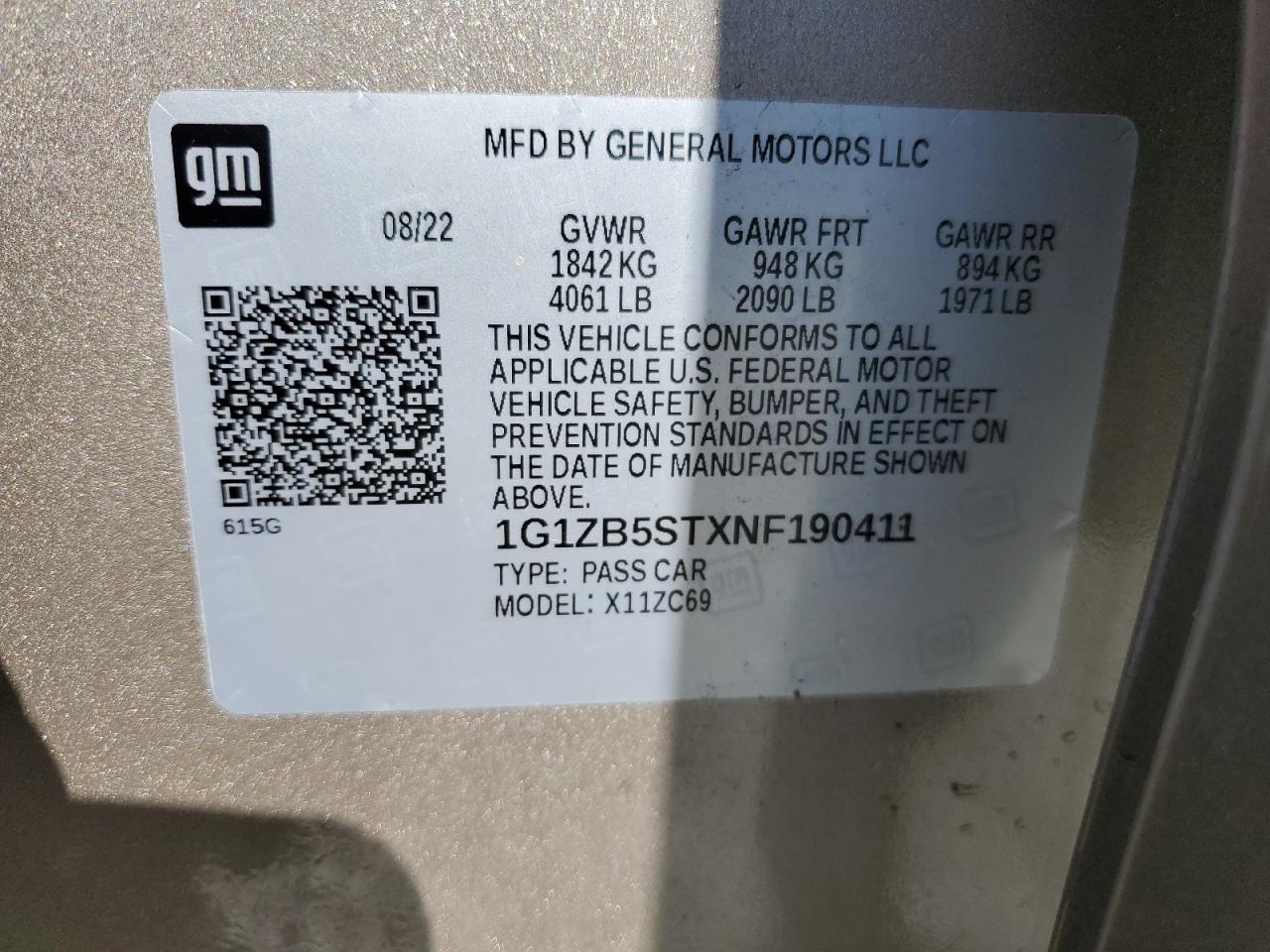 2022 Chevrolet Malibu Ls VIN: 1G1ZB5STXNF190411 Lot: 64812005