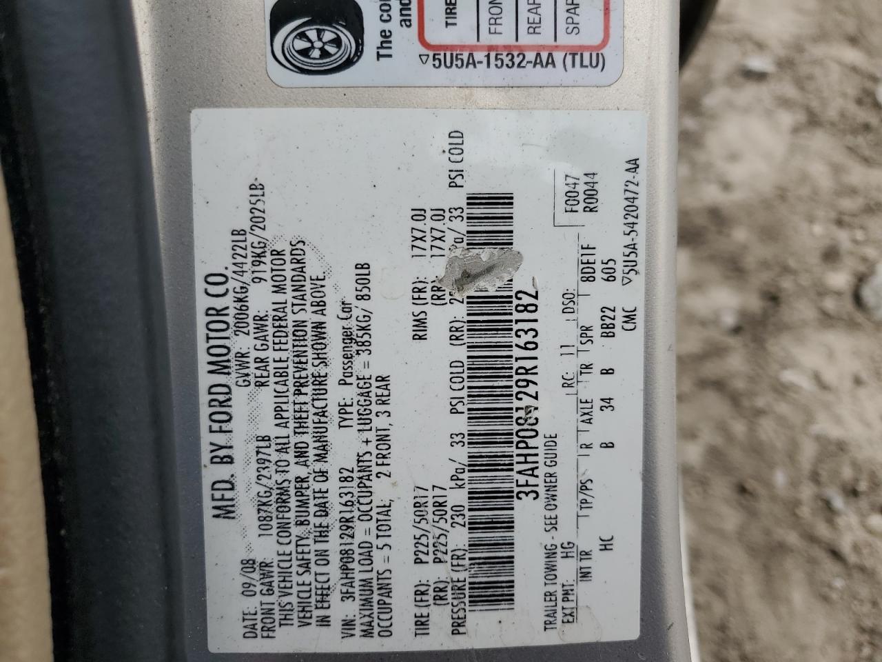 2009 Ford Fusion Sel VIN: 3FAHP08129R163182 Lot: 64550205