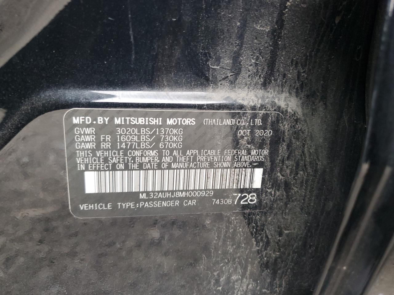 2021 Mitsubishi Mirage Es VIN: ML32AUHJ8MH000929 Lot: 64700985