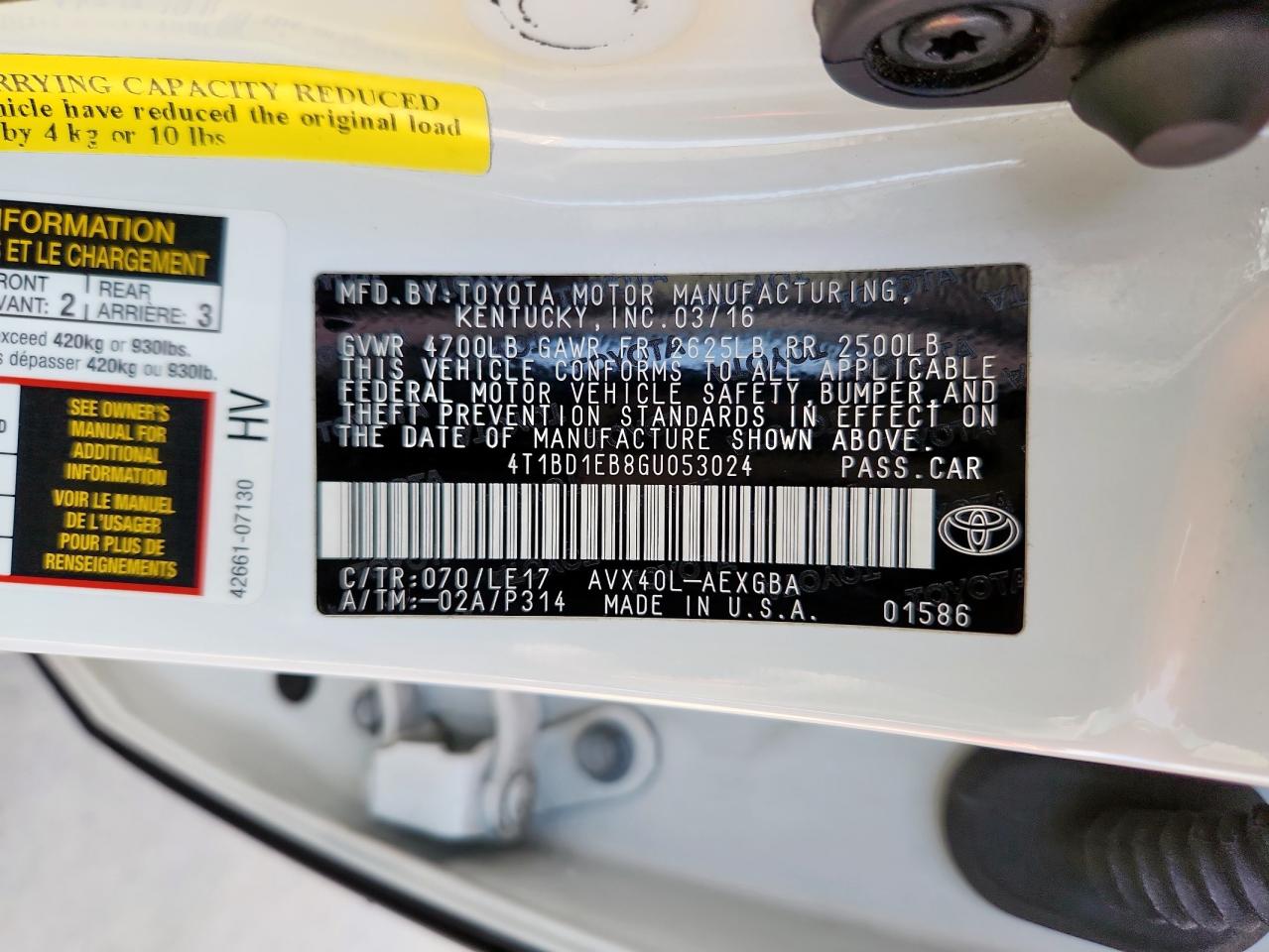 2016 Toyota Avalon Hybrid VIN: 4T1BD1EB8GU053024 Lot: 64838345