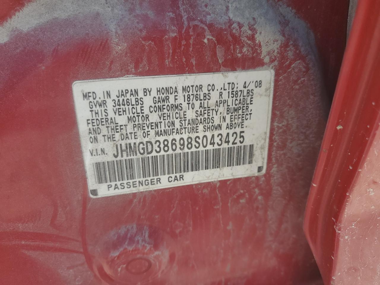 2008 Honda Fit Sport VIN: JHMGD38698S043425 Lot: 63216415