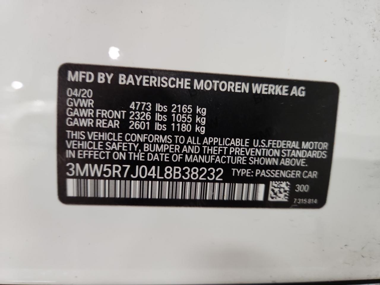 2020 BMW 330Xi VIN: 3MW5R7J04L8B38232 Lot: 64678385