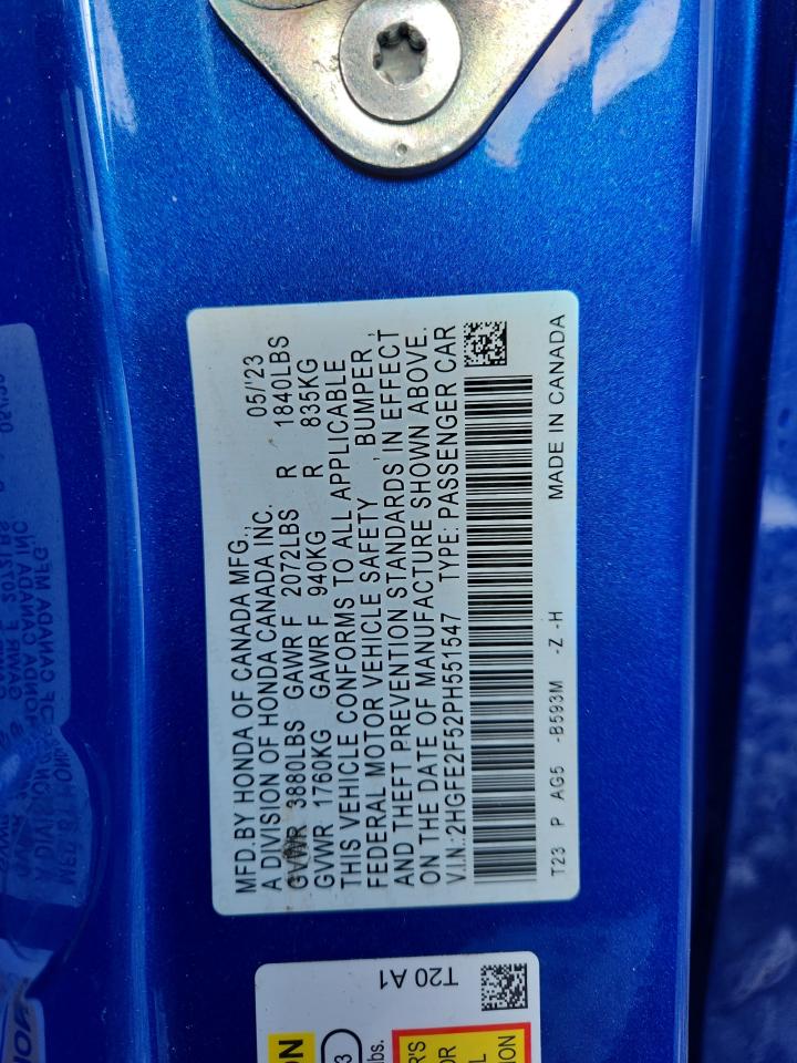 2023 Honda Civic Sport VIN: 2HGFE2F52PH551547 Lot: 65136075