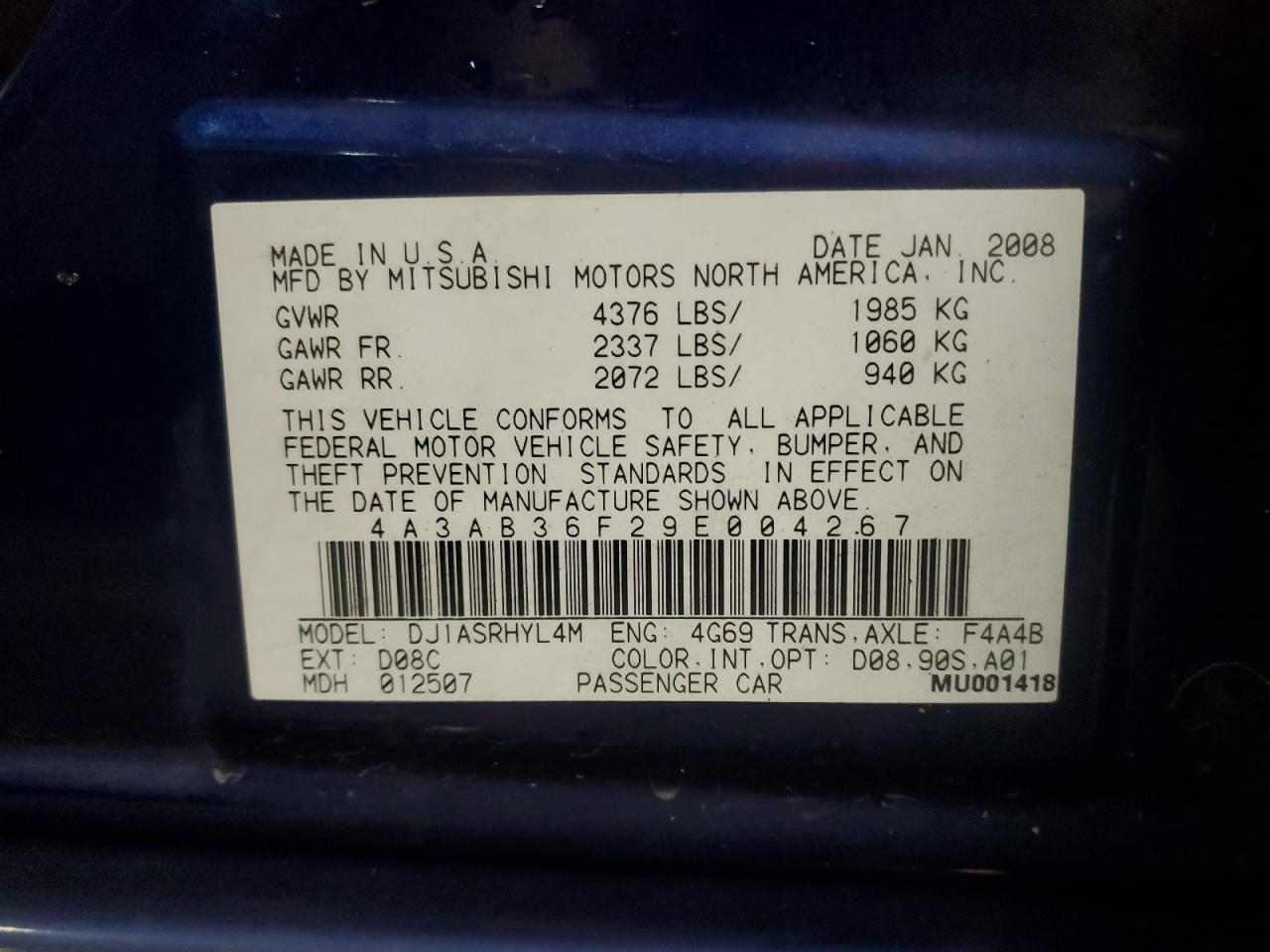 2009 Mitsubishi Galant Es VIN: 4A3AB36F29E004267 Lot: 64388885