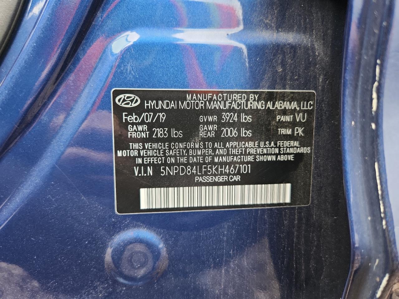 2019 Hyundai Elantra Sel VIN: 5NPD84LF5KH467101 Lot: 64034325