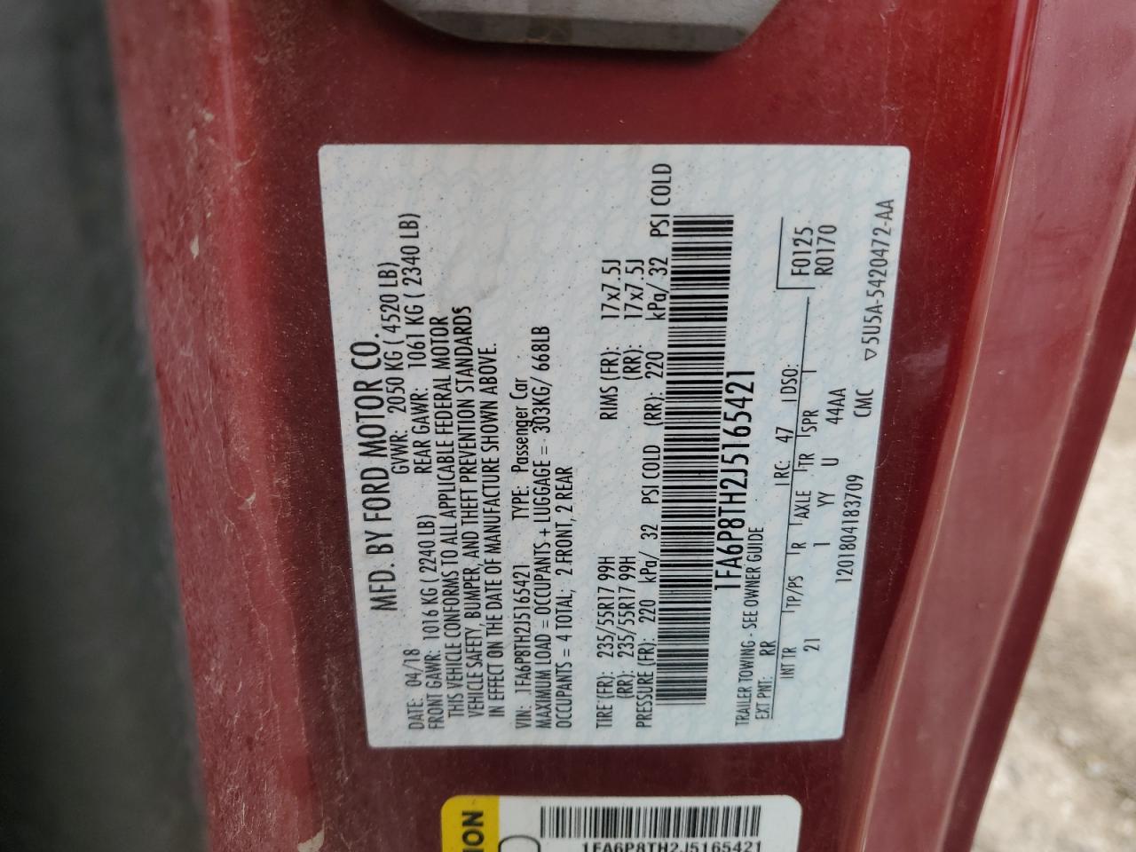 2018 Ford Mustang VIN: 1FA6P8TH2J5165421 Lot: 64835545