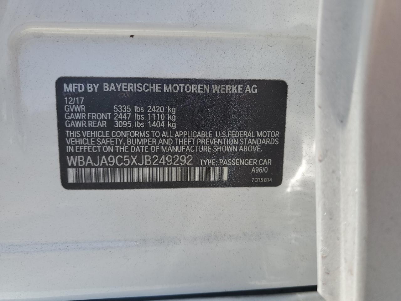 2018 BMW 530E VIN: WBAJA9C5XJB249292 Lot: 65263885