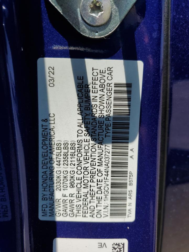 2022 Honda Accord Sport Se VIN: 1HGCV1F44NA037277 Lot: 65535255