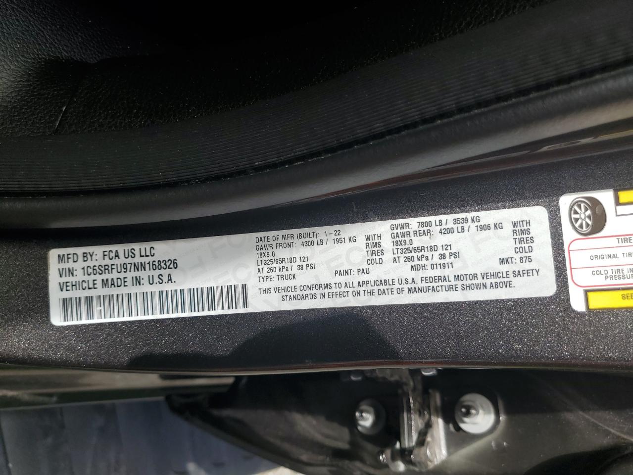 2022 Ram 1500 Trx VIN: 1C6SRFU97NN168326 Lot: 64721565
