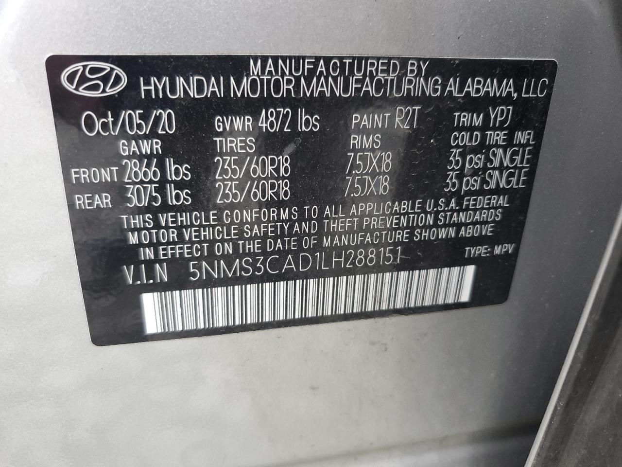 2020 Hyundai Santa Fe Sel VIN: 5NMS3CAD1LH288151 Lot: 66539605