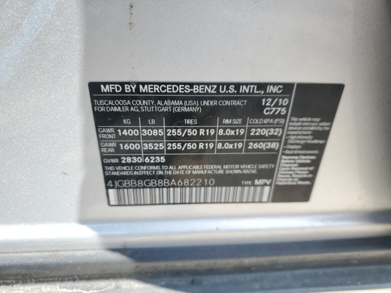 2011 Mercedes-Benz Ml 350 4Matic VIN: 4JGBB8GB8BA682210 Lot: 62660095