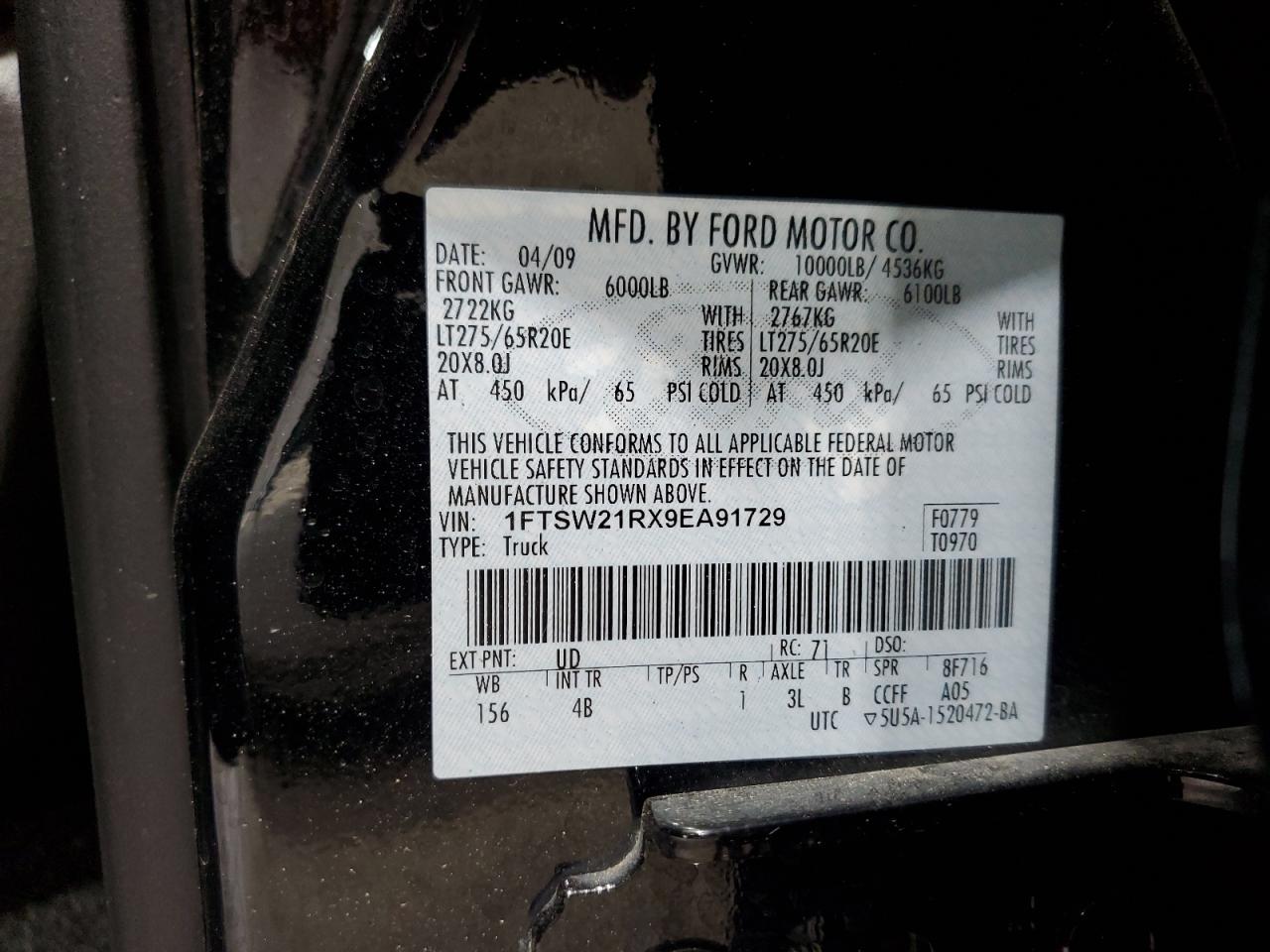 2009 Ford F250 Super Duty VIN: 1FTSW21RX9EA91729 Lot: 64444485