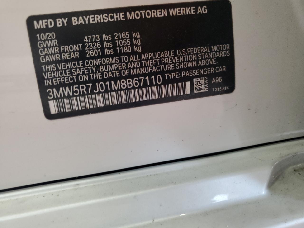 2021 BMW 330Xi VIN: 3MW5R7J01M8B67110 Lot: 64005205
