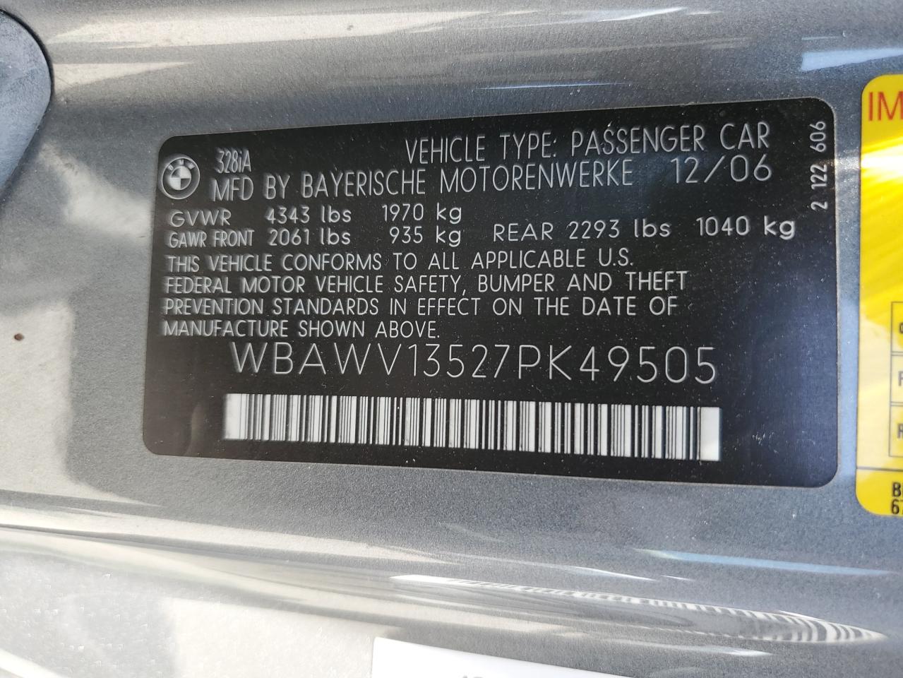 2007 BMW 328 I Sulev VIN: WBAWV13527PK49505 Lot: 64412345